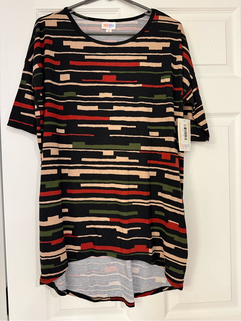 LuLaRoe Irma Black Multicolor Stripe Tunic- Short Sleeve